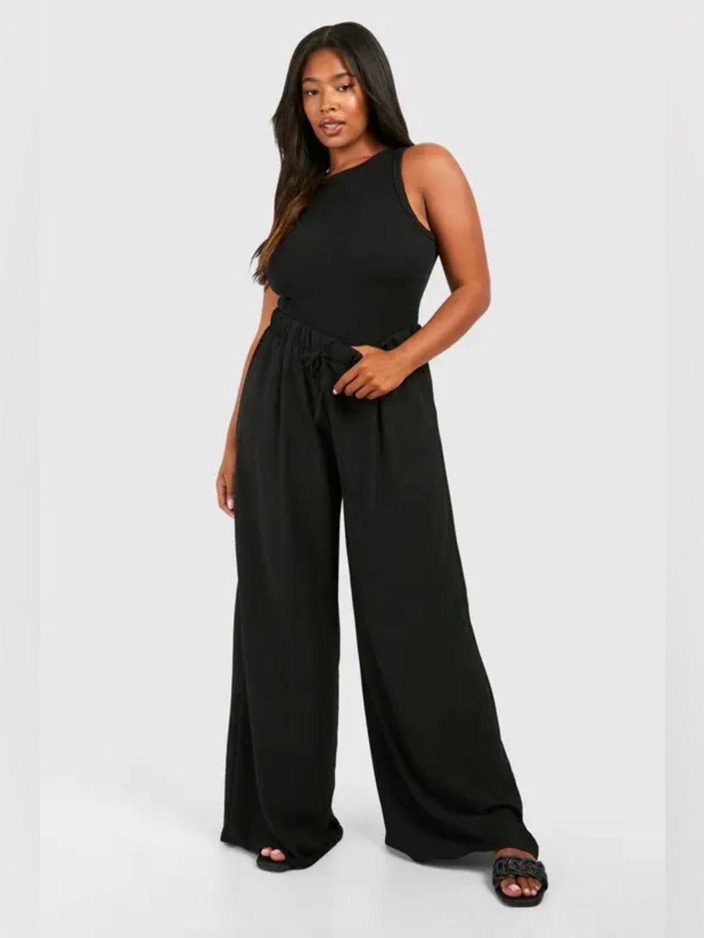 Boohoo Plus Size Black Woven Drawstring Wide Leg Trousers Pants, Size 24